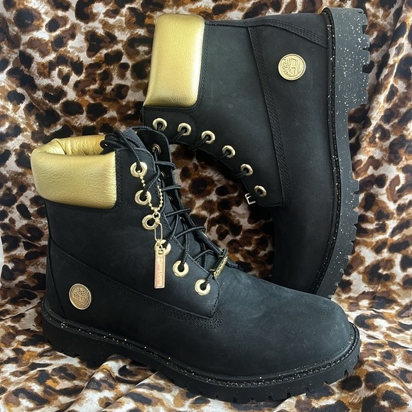 Brand New Timberland 6" Leather Black & Gold Metallic Lace Up Hiking Boots - Picture 1 of 15